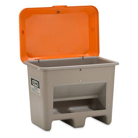 CEMO Streugutbehälter Plus3, 200 Liter, Staplertaschen, Entnahmeöffnung, GFK, grau/orange-1
