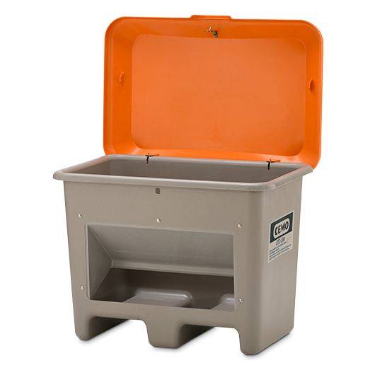 CEMO Streugutbehälter Plus3, 200 Liter, Staplertaschen, Entnahmeöffnung, GFK, grau/orange-2