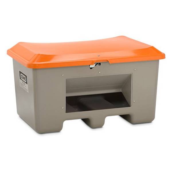 CEMO Streugutbehälter Plus3, 400 Liter, Staplertaschen, Entnahmeöffnung, GFK, grau/orange