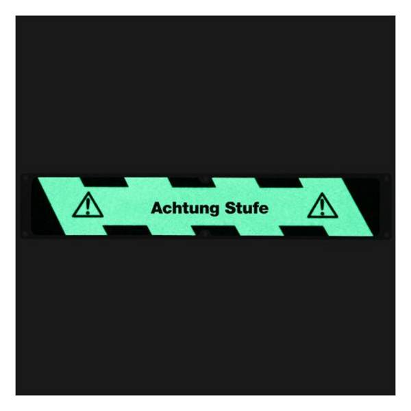 Aluminiumplatte mit m²-Antirutschbelag Nachleuchtend, R13, Achtung Stufe, 114 x 635 mm