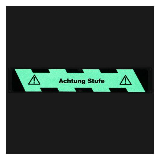 Aluminiumplatte mit m²-Antirutschbelag Nachleuchtend, R13, Achtung Stufe, 114 x 635 mm-0