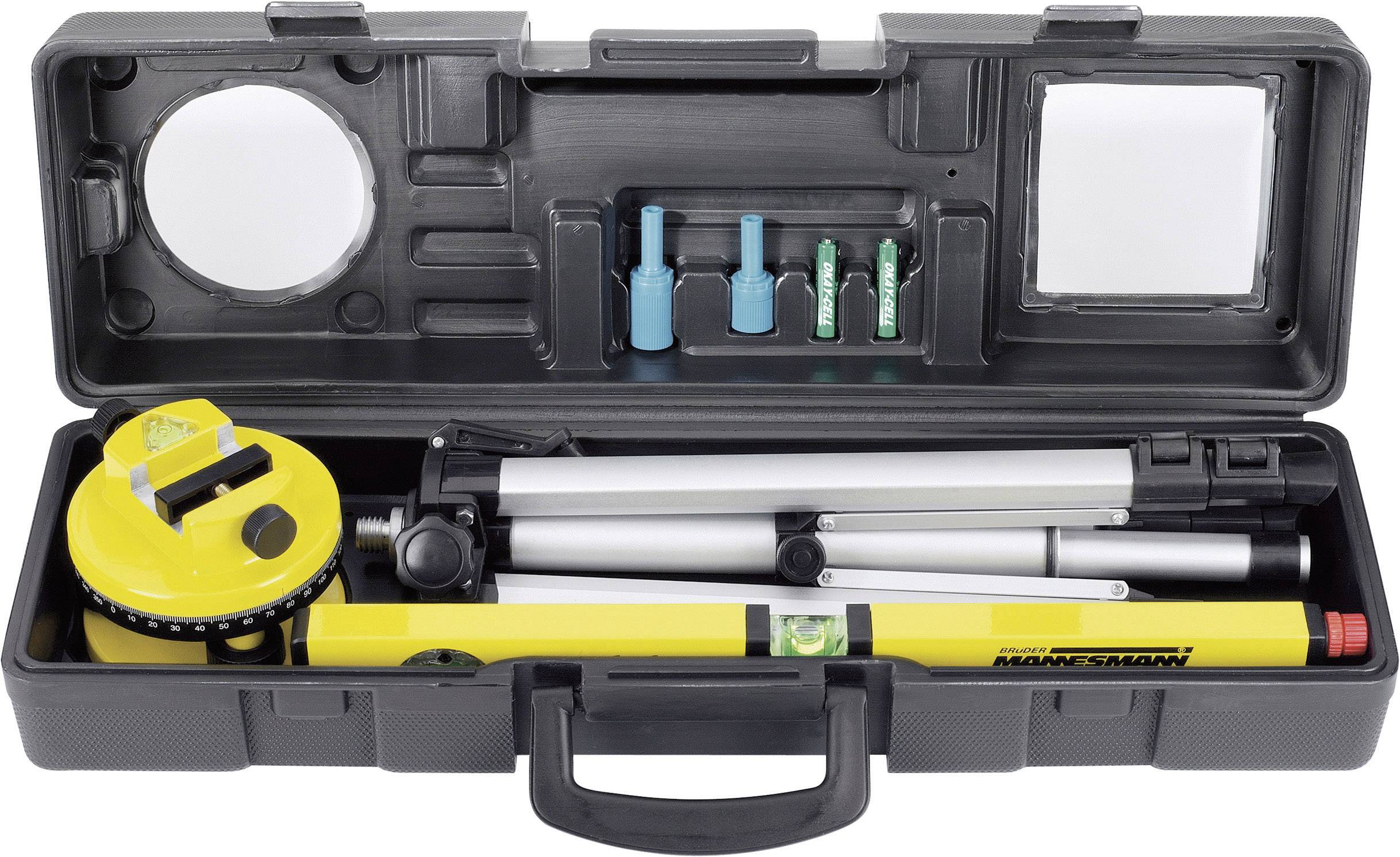 'Messgerät-Set in einem schwarzen Koffer mit gelbem Rotationslaser, Stativ, Empfänger und Zubehörteilen. Verwendung zur Niveauüberprüfung.'