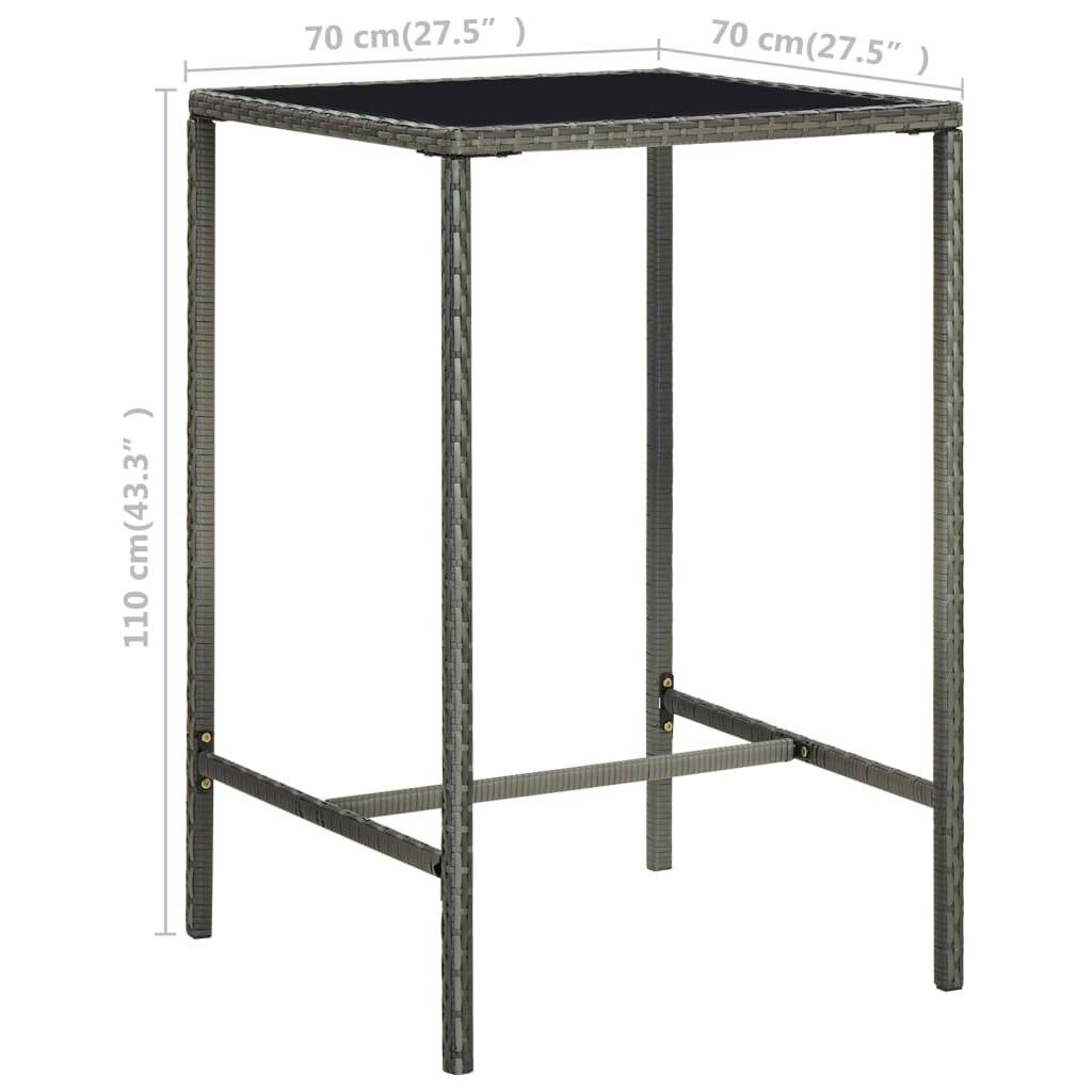 vidaXL Garten-Bartisch Grau 70x70x110 cm Poly Rattan und Glas-5