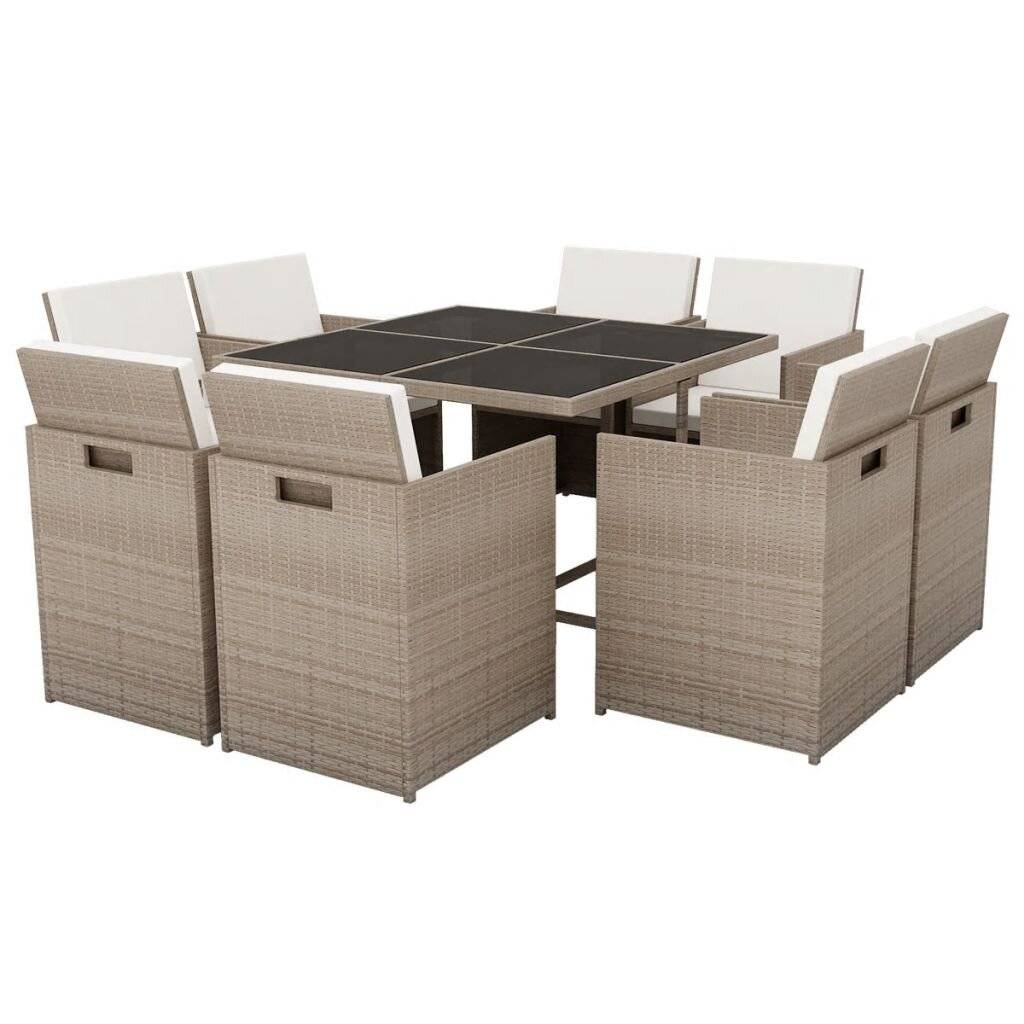 9-tlg. Garten-Essgruppe mit Auflagen Poly Rattan Beige-1