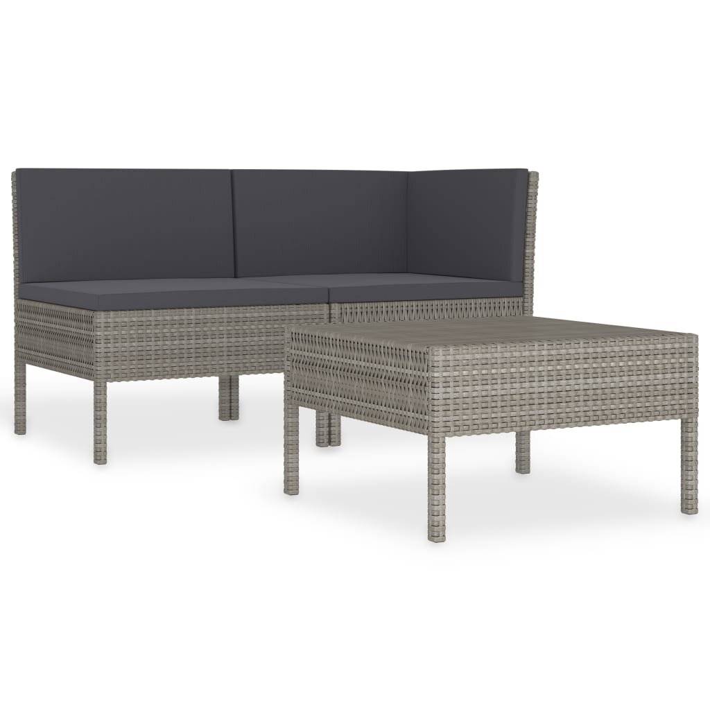 3-tlg. Garten-Lounge-Set mit Auflagen Poly Rattan Grau-1