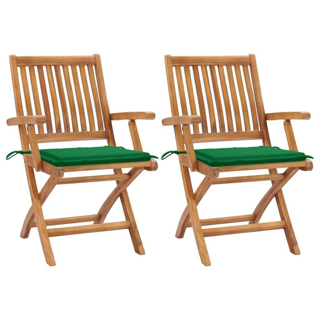 Gartenstühle 2 Stk. mit Grünen Kissen Teak Massivholz-0