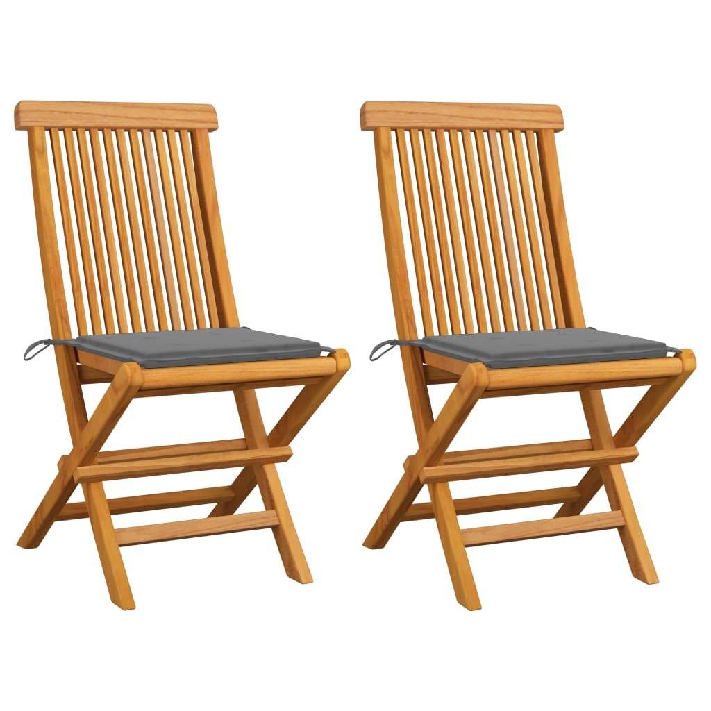 Gartenstühle mit Grauen Kissen 2 Stk. Massivholz Teak-0