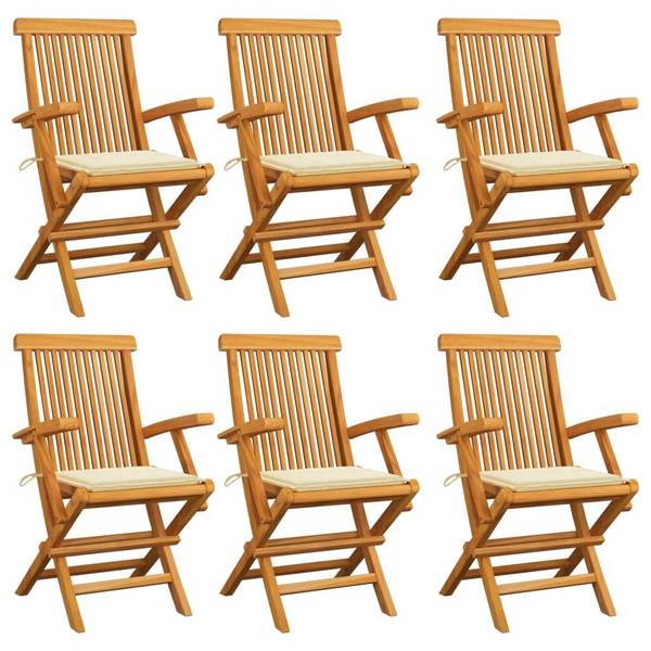 Gartenstühle mit Cremeweißen Kissen 6 Stk. Massivholz Teak