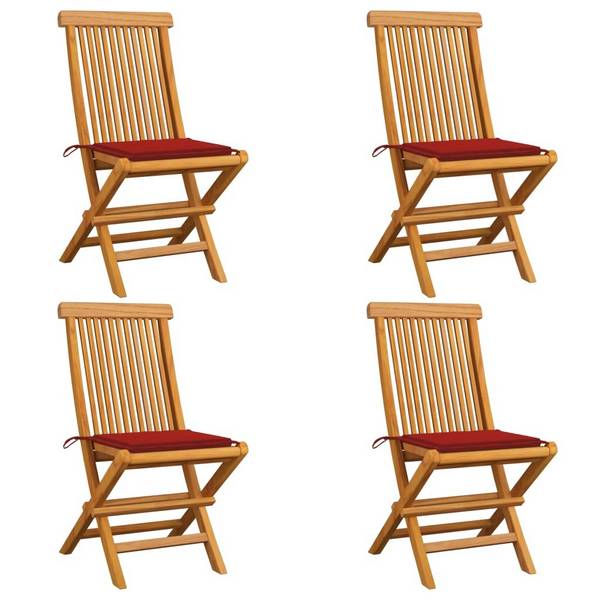 Gartenstühle mit Roten Kissen 4 Stk. Teak Massivholz