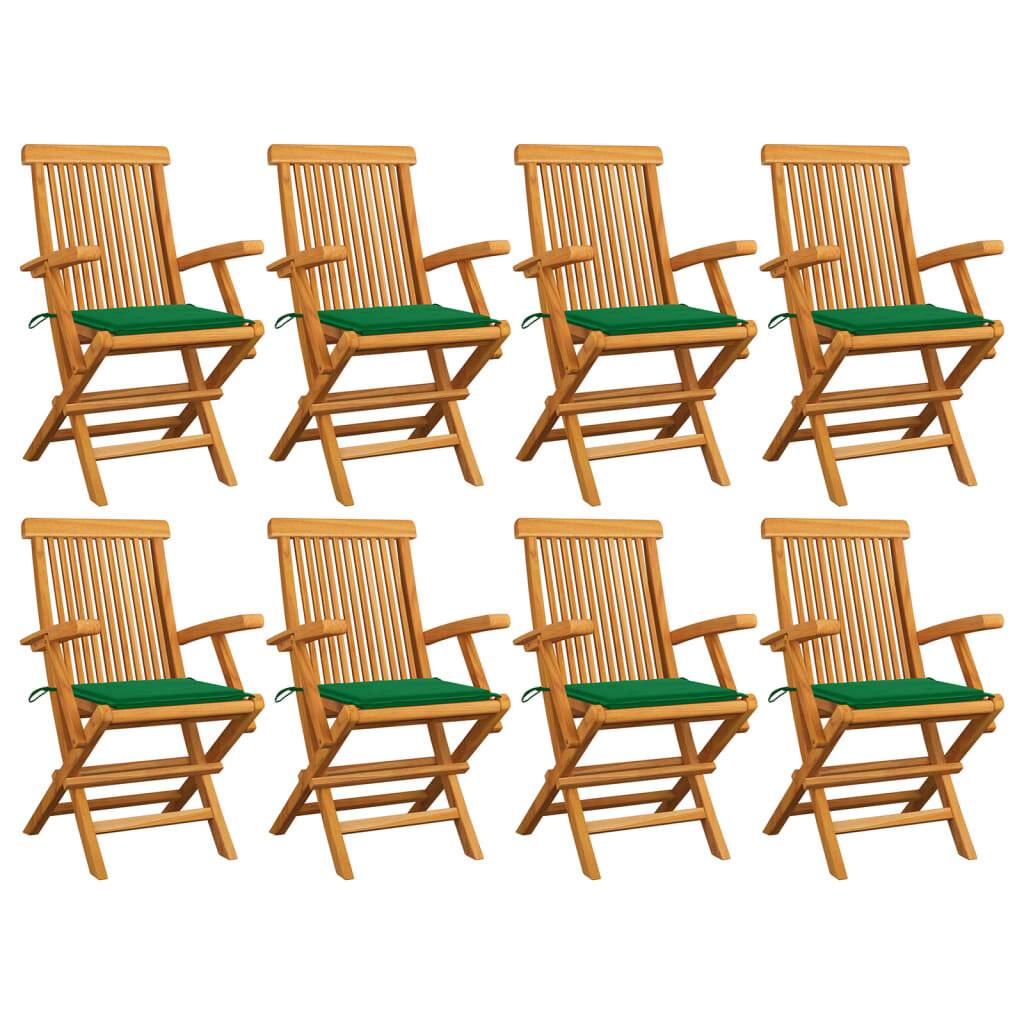 Gartenstühle mit Grünen Kissen 8 Stk. Massivholz Teak-0