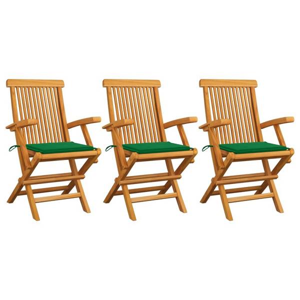 Gartenstühle mit Grünen Kissen 3 Stk. Massivholz Teak