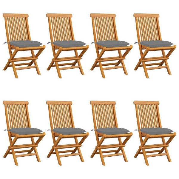 Gartenstühle mit Grauen Kissen 8 Stk. Massivholz Teak
