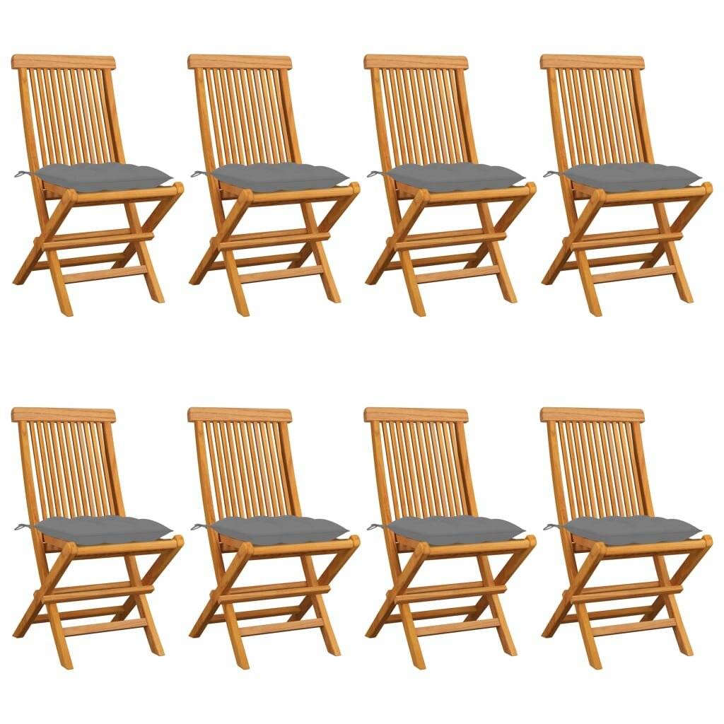 Gartenstühle mit Grauen Kissen 8 Stk. Massivholz Teak-0