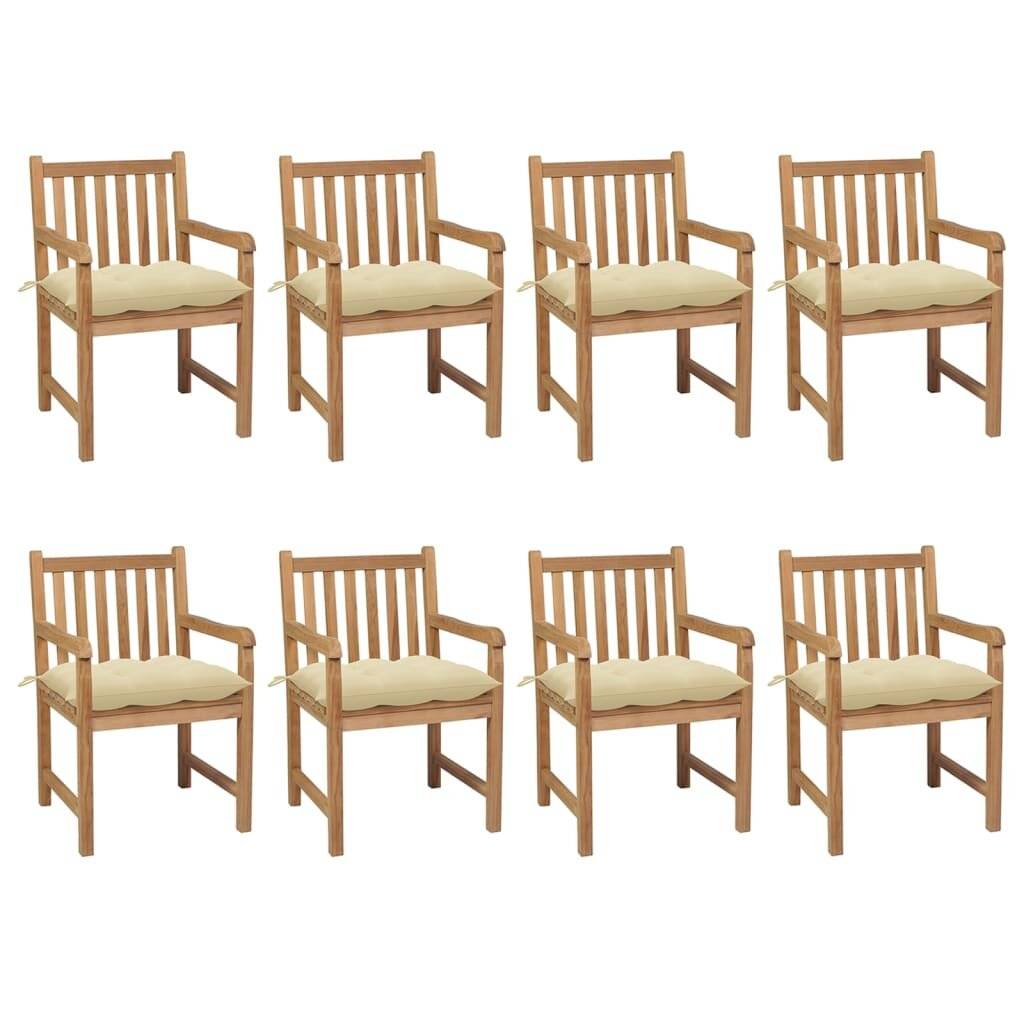 Gartenstühle 8 Stk. mit Cremeweißen Kissen Massivholz Teak-0