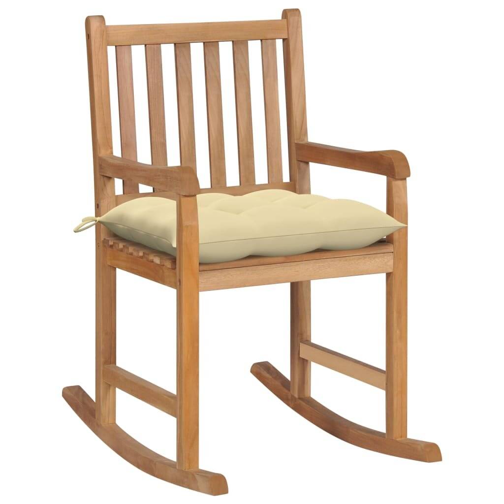 Schaukelstuhl mit Cremeweißem Kissen Massivholz Teak-0