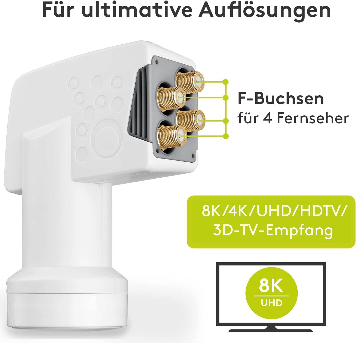 Goobay 67272 Universal Quad LNB für 4x Teilnehmer UHD 8K vergoldete F-Buchsen wasserdicht SAT LNB digital DVB-S2 & DVB-S-4