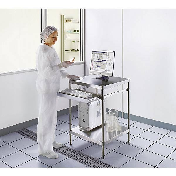 Reinraum-PC-Arbeitstisch aus Edelstahl Ablageboden und Tastaturauszug HxBxT 870 x 610 x 610 mm. Hammerlit GmbH-0