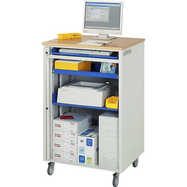 Computer-Arbeitsplatz HxBxT 1100 x 720 x 660 mm fahrbar lichtgrau / enzianblau. Rau GmbH 10014049-4