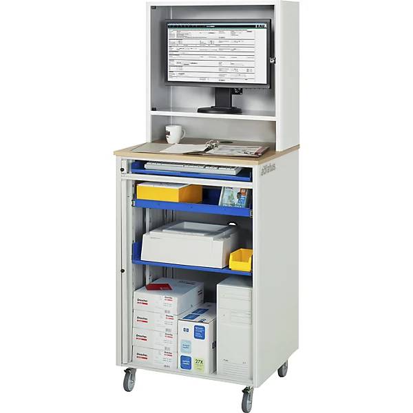 Computer-Arbeitsplatz HxBxT 1810 x 720 x 660 mm mit Monitorgehäuse fahrbar lichtgrau / enzianblau. Rau GmbH