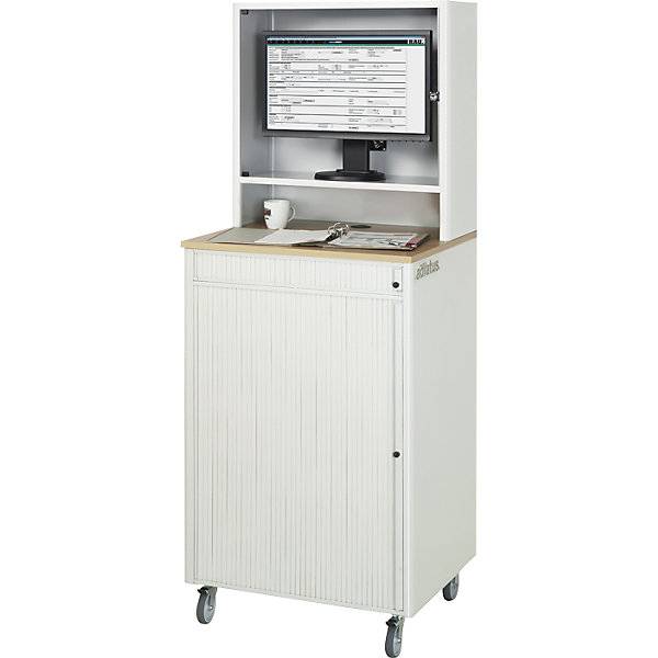 Computer-Arbeitsplatz HxBxT 1810 x 720 x 660 mm mit Monitorgehäuse fahrbar lichtgrau / enzianblau. Rau GmbH-1