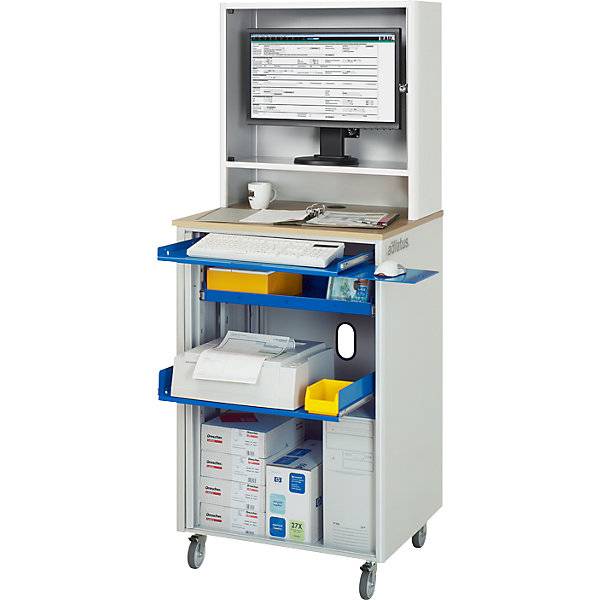 Computer-Arbeitsplatz HxBxT 1810 x 720 x 660 mm mit Monitorgehäuse fahrbar lichtgrau / enzianblau. Rau GmbH-2