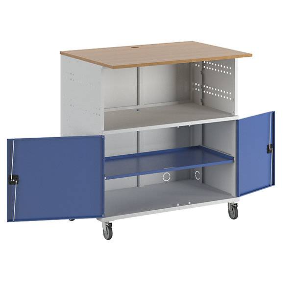 PC-Tisch mit durchgehendem Fachboden mit Fahrsatz lichtgrau RAL 7035 / enzianblau RAL 5010. Rau GmbH 10016349-0