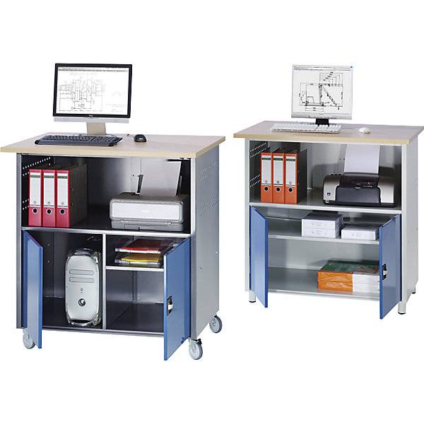 PC-Tisch mit durchgehendem Fachboden mit Fahrsatz lichtgrau RAL 7035 / enzianblau RAL 5010. Rau GmbH 10016349-1