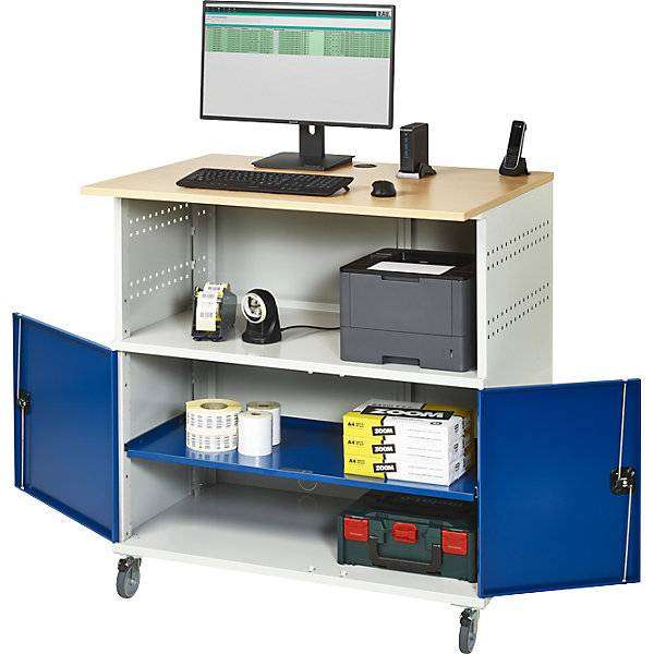 PC-Tisch mit durchgehendem Fachboden mit Fahrsatz lichtgrau RAL 7035 / enzianblau RAL 5010. Rau GmbH 10016349-2