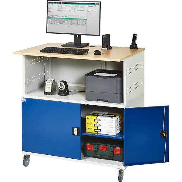 PC-Tisch mit durchgehendem Fachboden mit Fahrsatz lichtgrau RAL 7035 / enzianblau RAL 5010. Rau GmbH 10016349-3