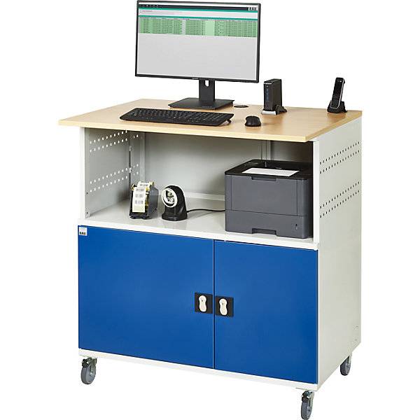 PC-Tisch mit durchgehendem Fachboden mit Fahrsatz lichtgrau RAL 7035 / enzianblau RAL 5010. Rau GmbH 10016349-4