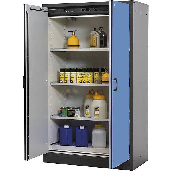Feuerbeständiger Gefahrstoffschrank Typ 30 2-türig 3 Fachböden Türen lichtblau. TAKKT Industrial & Packaging