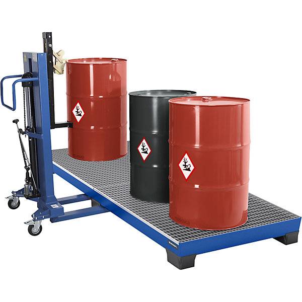 Stahl-Auffangwanne mit Kunststoff-Füßen LxBxH 2460 x 1210 x 260 mm blau mit Gitterrost. TAKKT Industrial &-1