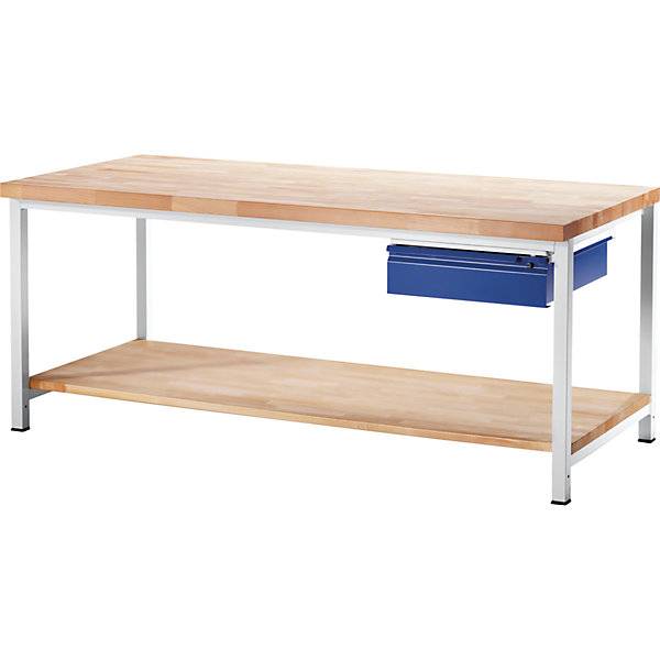 Werkbank Gestellbauweise 1 Schublade Größe L 1 Ablageboden Buche massiv Tiefe 700 mm Breite 1250 mm. Rau-1