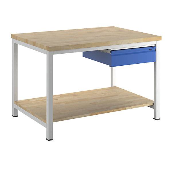 Werkbank Gestellbauweise 1 Schublade Größe L 1 Ablageboden Buche massiv Tiefe 900 mm Breite 1250 mm. Rau