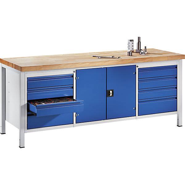Werkbank Gestellbauweise 8 Schubladen Größe L 1 Werkzeugschrank Tiefe 900 mm Breite 2000 mm. Rau GmbH-1