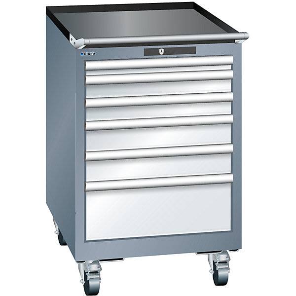 Schubladenschrank Breite 564 mm fahrbar 6 Schubladen HxT 890 x 572 mm grau metallic / lichtgrau. Lista GmbH-0