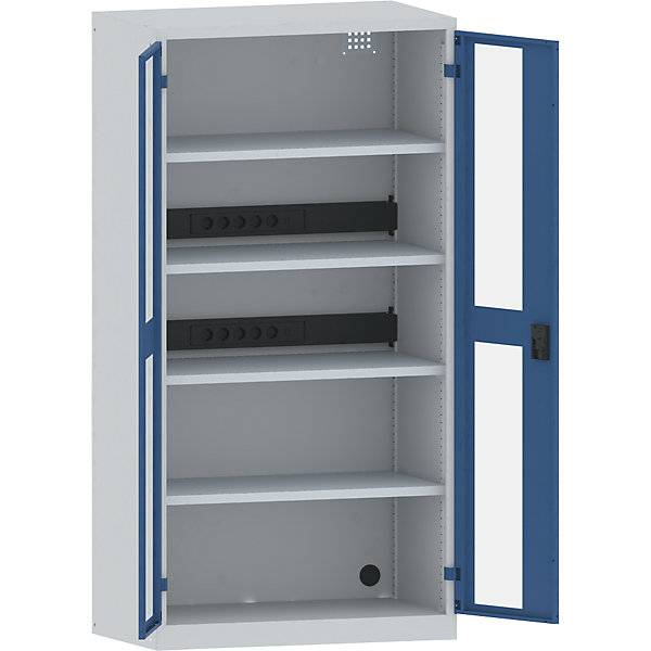 Akku-Ladeschrank 4 Fachböden Sichtfenstertüren 2 Energieleisten rückseitig grau / blau. Lista GmbH 49050549