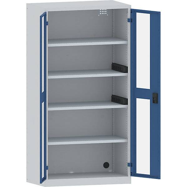 Akku-Ladeschrank 4 Fachböden Sichtfenstertüren 2 Energieleisten seitlich grau / blau. Lista GmbH 49050249