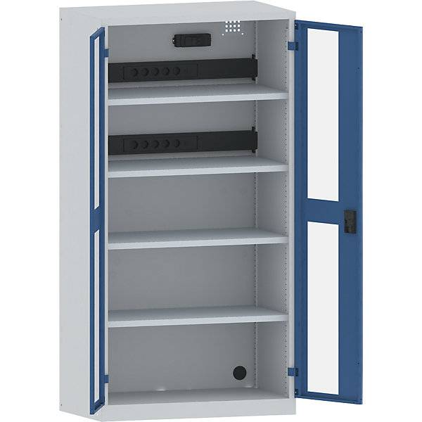 Akku-Ladeschrank 4 Fachböden Sichtfenstertüren 2 Energieleisten rückseitig mit FI/LS-Schalter grau / blau.