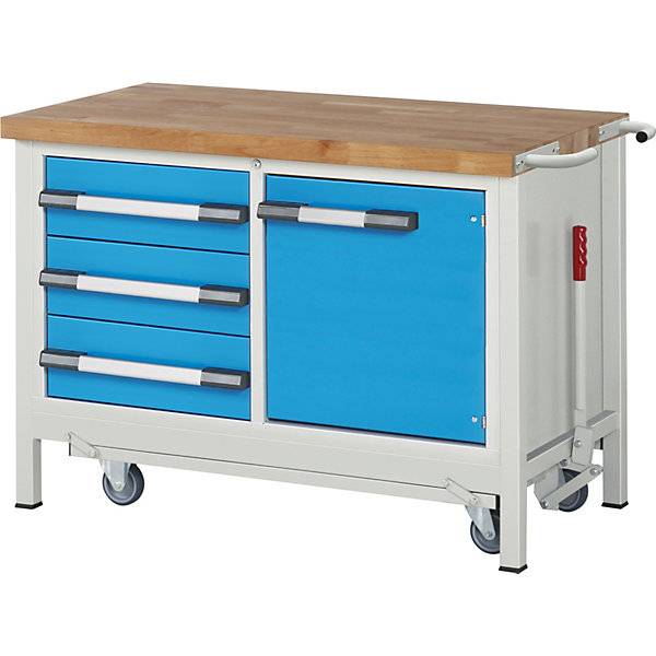 Fahr- und absenkbare Werkbank Gestellbauweise Serie 8000 3 Schubladen 1 Tür BxT 1250 x 700 mm. TAKKT-0