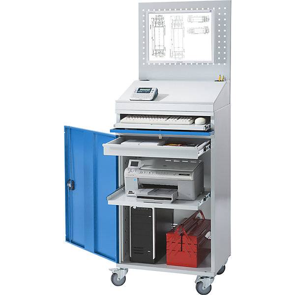 Computer-Arbeitsstation Stahlblech HxB 1770 x 650 mm mit Lochwand und Pultaufsatz Türfarbe Lichtgrau. TAKKT-1