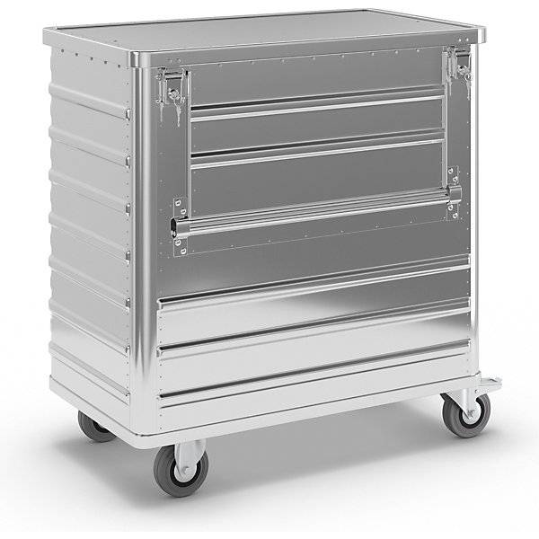 Alu-Kastenwagen abklappbare Seitenwand mit Deckel abschließbar Volumen 355 l. Gmoehling Transportgeraete |