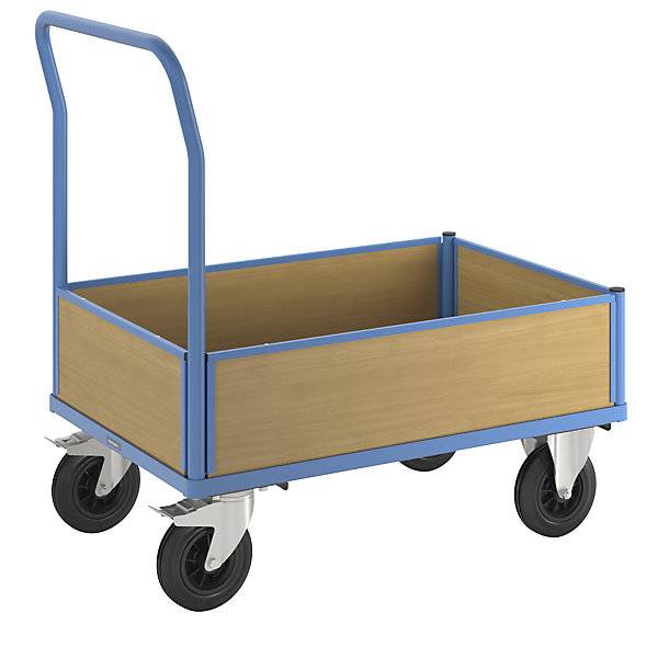 Plattformwagen mit Holzwänden mit 4 halbhohen Wänden LxB 1050 x 700 mm Vollgummi. TAKKT Industrial & Packaging