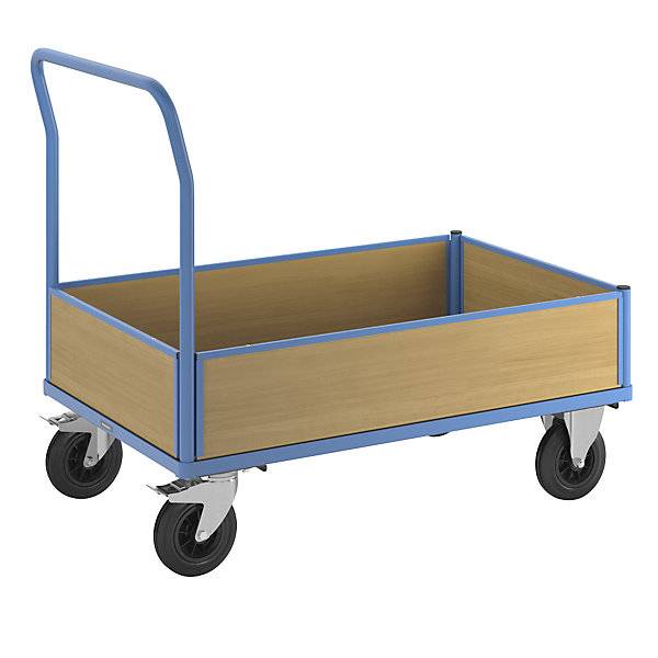 Plattformwagen mit Holzwänden mit 4 halbhohen Wänden LxB 1300 x 800 mm Vollgummi. TAKKT Industrial & Packaging