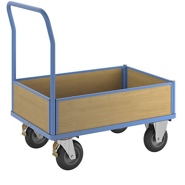 Plattformwagen mit Holzwänden mit 4 halbhohen Wänden LxB 1050 x 700 mm Luftreifen. TAKKT Industrial & Packaging