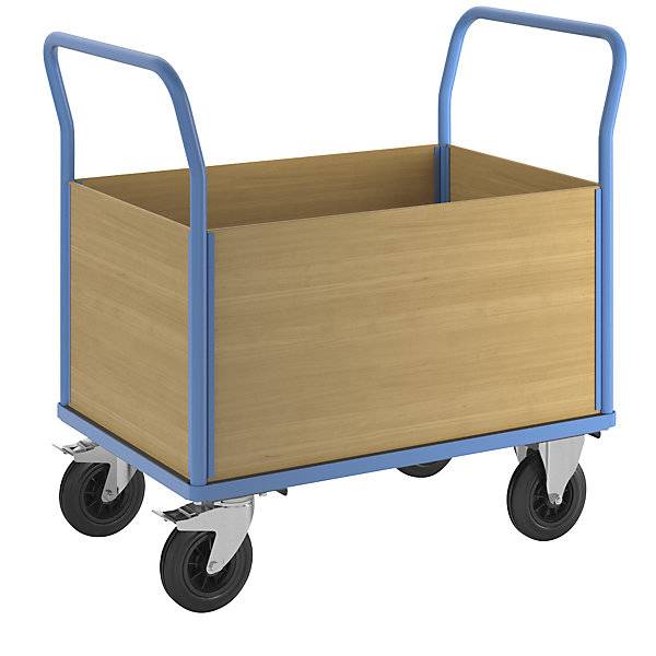 Plattformwagen mit Holzwänden mit 4 hohen Wänden LxB 1050 x 700 mm Vollgummi. TAKKT Industrial & Packaging