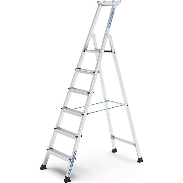 Profi-Stufenleiter einseitig begehbar Aluminium eloxiert mit Werkzeugablage für Handwerk und Industrie 6