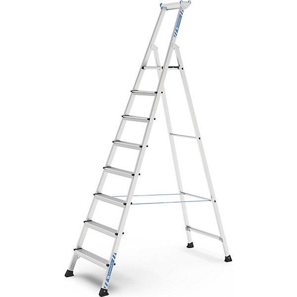 Profi-Stufenleiter einseitig begehbar Aluminium eloxiert mit Werkzeugablage für Handwerk und Industrie 8