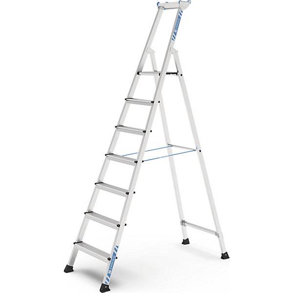 Profi-Stufenleiter einseitig begehbar Aluminium eloxiert mit Werkzeugablage für Handwerk und Industrie 7-0