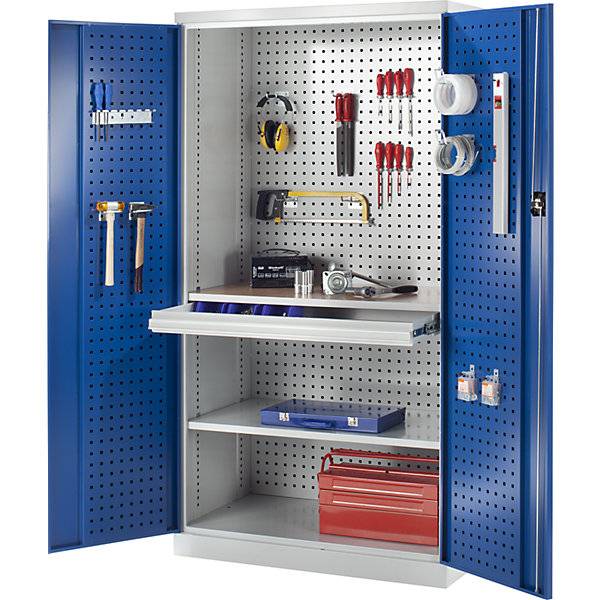 kaiserkraft 453762 Werkzeugschrank mit Lochprägung, 1 Schublade, 1 Fachboden, 1 Arbeitsplatte, Türen enzianblau.-1